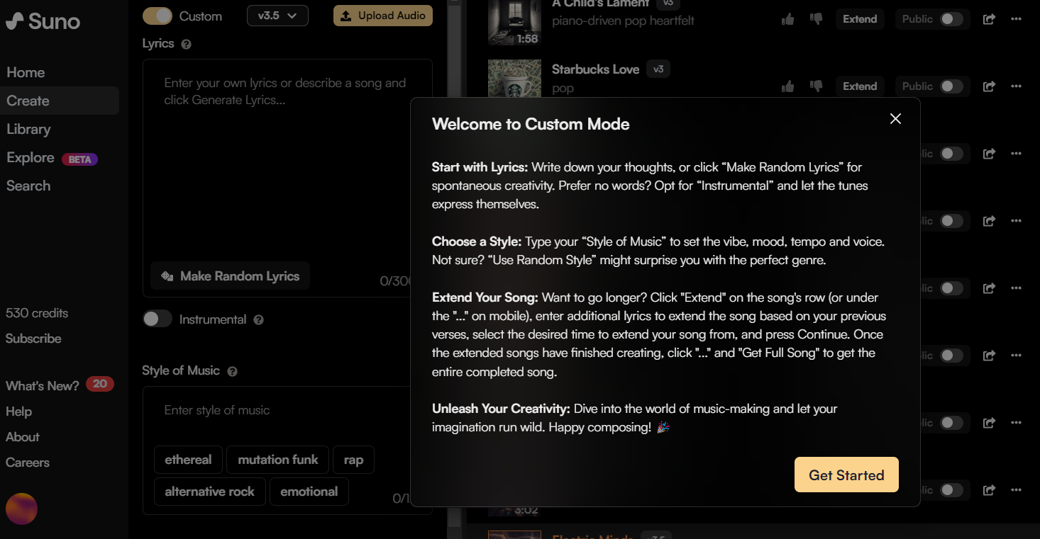 This screenshot shows the user interface of Suno AI's Custom Mode. The window displays options for song creation, including writing lyrics or choosing to make random lyrics, opting for an instrumental version, and setting the music style. It also features the ability to extend songs and a welcoming message that encourages creativity. The sidebar includes tabs like Home, Create, Library, and Search, with an option to upload audio. The layout is designed to facilitate easy navigation and interaction for music creation on Suno AI.