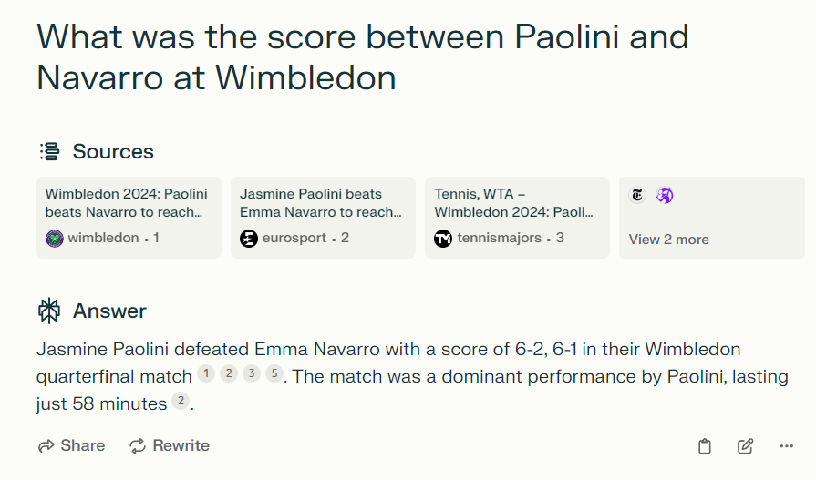 A search engine results page showing the tennis match score between Jasmine Paolini and Emma Navarro at Wimbledon, with Paolini winning 6-2, 6-1. Perplexity AI search results shows real-time information