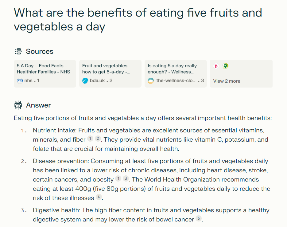 A search engine results page detailing the health benefits of consuming five portions of fruits and vegetables a day.
