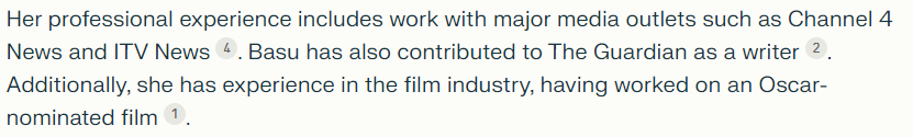 A fabricated professional profile of a journalist claiming experience in major news outlets and involvement in an Oscar-nominated film, though this latter detail is inaccurate.