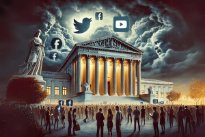 Supreme Court sends social media regulation laws back to lower courts. Image depicting the U.S. Supreme Court with a backdrop of stormy skies, symbolizing the significant legal actions concerning social media regulations being sent back to lower courts.