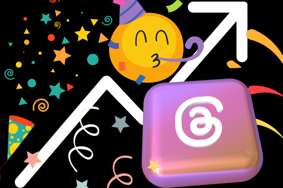 Threads surpasses 175M users as first anniversary approaches. This image features a celebratory theme with a background full of colorful confetti and festive elements like stars and streamers. In the foreground, there are two prominent icons: a smiley face emoji wearing a party hat and blowing a party horn, and a large app icon with the letter "G". A white upward trending arrow, symbolizing growth or progress, connects these two icons. The overall design conveys a sense of celebration and achievement, likely related to a milestone or anniversary for a digital platform.