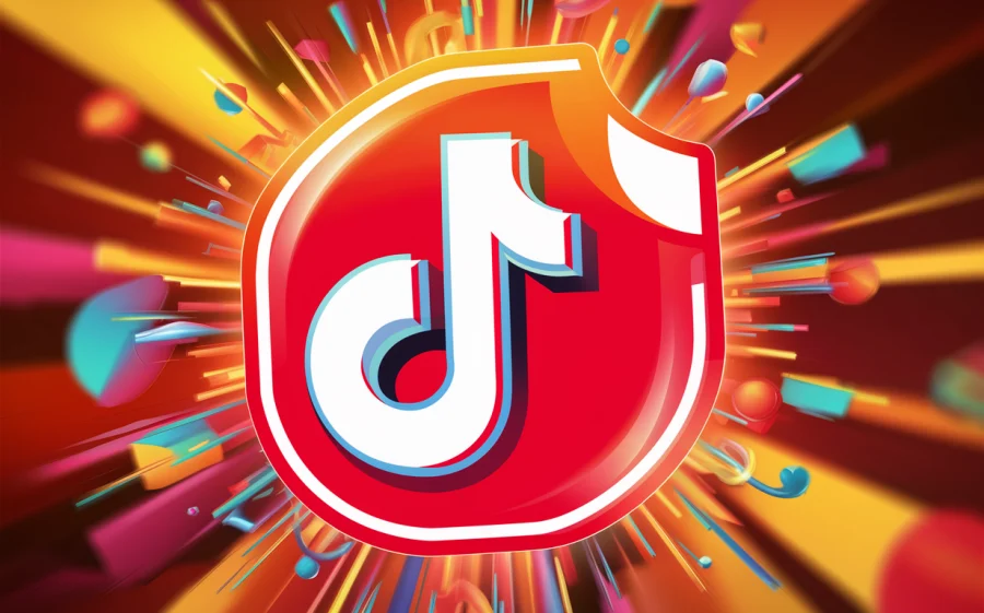 A vibrant, eye-catching illustration of the TikTok logo, consisting of a white play button within a red, hexagonal frame. The play button is surrounded by colorful, abstract shapes and patterns, giving the image a lively and energetic feel. The background is a gradient of warm, vivid colors, further enhancing the dynamic and engaging atmosphere., vibrant.