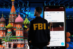 U.S. busts Russian AI bot farm spreading disinformation on X. A man wearing an FBI jacket stands in front of a vibrant image of the Kremlin, Moscow. He is looking at a smartphone displaying the X social media platform, which shows tweets, including a promoted post and various other tweets by users. The backdrop merges modern digital imagery with iconic Russian architecture, symbolizing the investigation into a disinformation campaign.