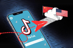 US claims TikTok sent user data on abortion and gun control to China. The image depicts a smartphone displaying the TikTok app, with a graphic representation showing data being transferred from the phone to a cloud marked with both U.S. and Chinese flags. A red paper airplane symbolizes the data moving across national borders, and dotted red lines trace the path of the data.