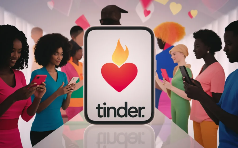 Tinder logo in the center, women around it