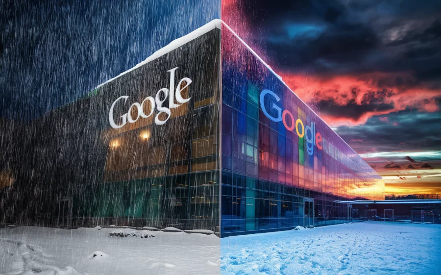 A stunning cinematic scene of the Google building, where one side is enveloped in heavy rain, while the other basks in the warm glow of the setting sun. The ground is covered in pristine snow, creating a striking contrast between the elements. The sky is a vivid blend of dark clouds and vibrant oranges and reds, with a feeling of dramatic tension in the air., cinematic.