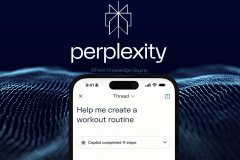 What is Perplexity AI? A guide to the search engine compared to ChatGPT. A smartphone displaying the Perplexity AI app interface with a digital wave pattern in the background. The screen shows a completed task titled "Help me create a workout routine," indicating the app's advanced query handling capabilities. The Perplexity logo appears at the top with the tagline "Where Knowledge Begins."