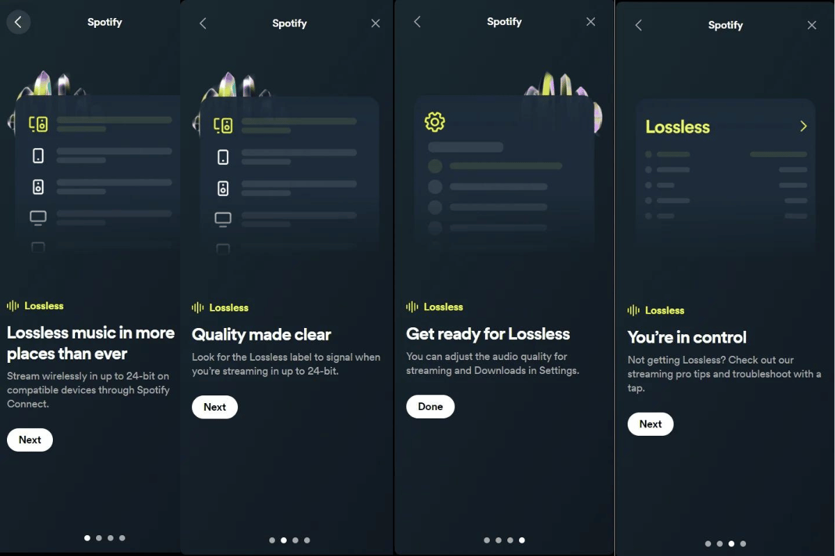 The image displays four screenshots from the Spotify app, showcasing the new 'Lossless' audio feature in the Supremium tier. Each screenshot has a dark theme and includes a distinctive green "Lossless" label:1. The first screenshot emphasizes "Lossless music in more places than ever," indicating that users can stream wirelessly in up to 24-bit through compatible devices via Spotify Connect. 2. The second screenshot features the tagline "Quality made clear," with a prompt to look for the Lossless label to confirm 24-bit streaming. 3. The third screenshot is titled "Get ready for Lossless," showing an option to adjust audio quality for streaming and downloads in settings. 4. The fourth screenshot reads "You’re in control," offering troubleshooting tips and streaming pro tips to enhance the Lossless experience.