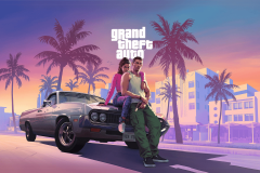 Why GTA 6 leak reaction surprised ex-Rockstar developer. This image is promotional artwork for the video game "Grand Theft Auto". It features two characters sitting on the hood of a classic muscle car, a 1970s Dodge Challenger, in a vividly colored tropical setting. The male character is dressed in a green tank top and olive cargo pants, holding a pistol, while the female character wears a pink bomber jacket and blue jeans. They are positioned against a backdrop of palm trees, sunset skies, and pastel-colored buildings, evoking the iconic Miami-inspired aesthetic of the game. The game's logo appears prominently at the top.