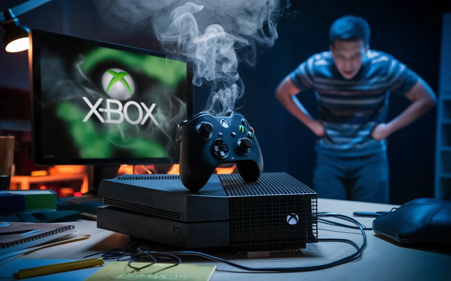 An Xbox gaming console sitting on a cluttered desk, with an ominous cloud of smoke billowing from it. The console is turned off, and the Xbox logo on the screen is blurred and distorted. A disgruntled gamer is standing in the background, hands on hips, staring at the malfunctioning console in disbelief. The scene is dimly lit, with a sense of drama and disappointment.