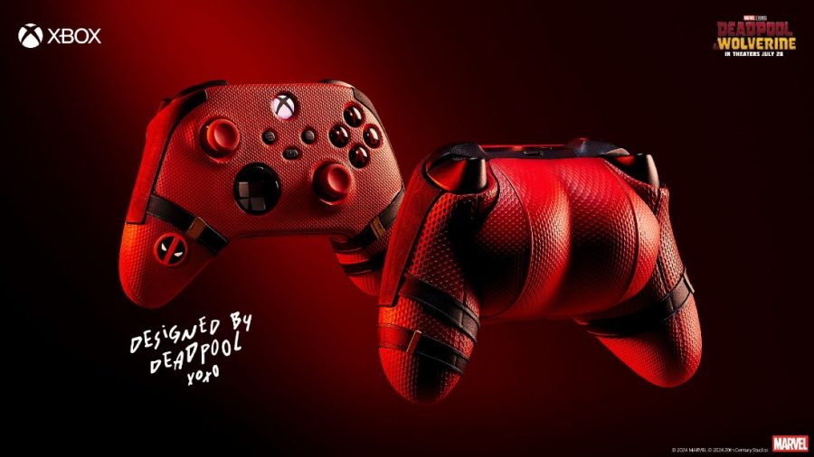 Red Deadpool controller in black and red cheek theme