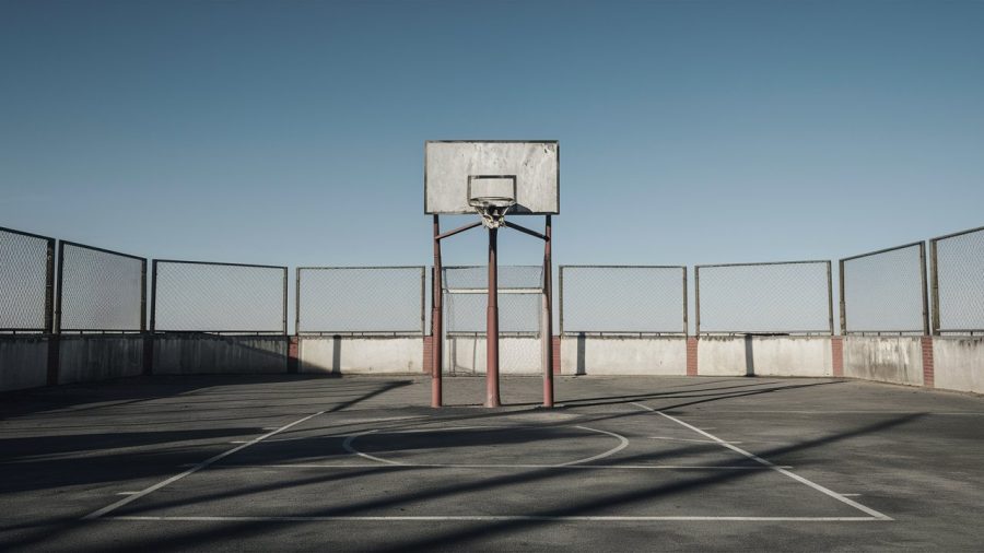 an empty basketball court.