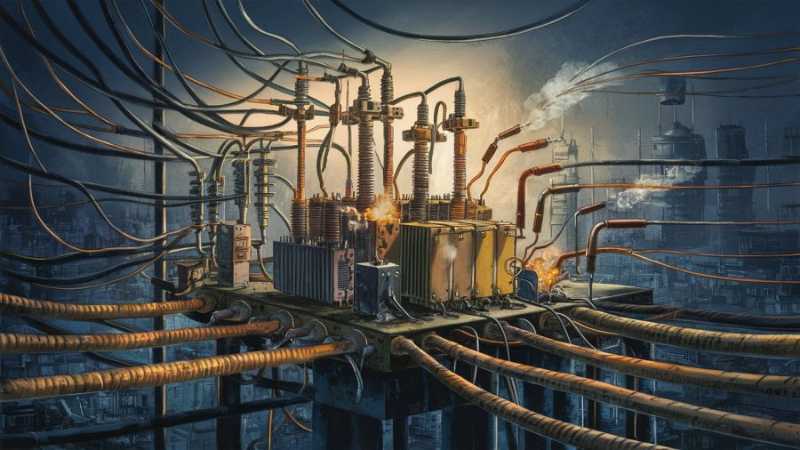A detailed illustration of an overworked power grid, with a chaotic network of wires and cables crisscrossing each other. Various electrical components, such as transformers, circuit breakers, and switches, are seen in different stages of disrepair, with some smoking or even bursting. The background shows a dimly lit cityscape, with some areas plunged into darkness, while others flicker with intermittent power. The overall atmosphere is one of stress and urgency, with a sense of impending power failure looming., illustration