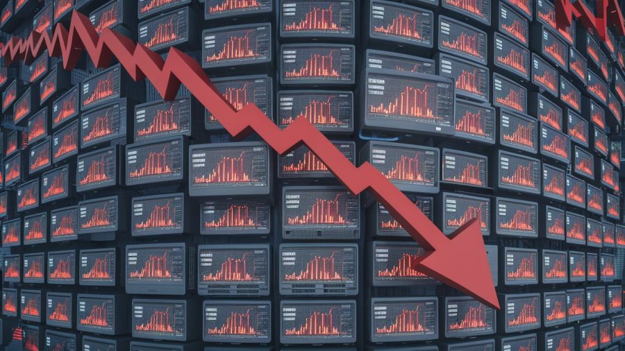 A striking 3D render of a towering wall composed of numerous television screens. Each TV displays a downward-moving red line graph, illustrating the falling stock market. The screens are arranged in a grid-like pattern, emphasizing the chaos and panic of the financial world. The overall mood of the image is tense and foreboding, with a sense of rapid change and instability., 3d render