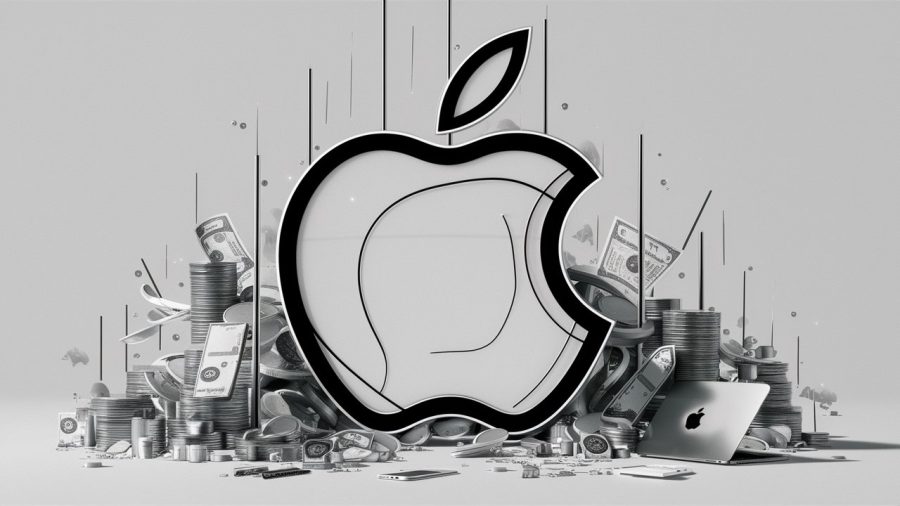 A striking and bold poster illustrating the iconic Apple logo with a sleek, futuristic design. The symbol is surrounded by various financial and tech-related items such as coins, dollar bills, a smartphone, and a laptop. There's a sense of modern innovation and prosperity, with a touch of minimalism and simplicity. The overall effect is eye-catching and conveys a message of success and wealth in the digital age., poster