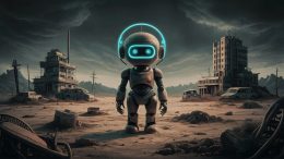 A striking and futuristic poster featuring a lone AI chatbot standing in the barren wasteland. The chatbot has a metallic humanoid form with glowing neon eyes and a holographic display for a face. It's surrounded by dilapidated buildings and abandoned vehicles, with a bleak and deserted atmosphere. The sky is a dark, stormy gray, and the ground is covered with rusted debris. The overall mood of the image is dystopian and post-apocalyptic, with a sense of loneliness and mystery., poster