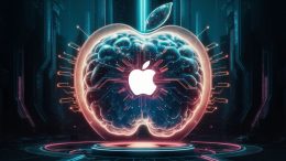 A stunning cinematic visual of an Apple logo, transformed into a large, intricate holographic AI brain. The brain has a futuristic, neon-lit design with pulsating lights, intricate circuitry, and a glowing Apple logo at its core. The surrounding environment is a dark, futuristic cityscape, with towering skyscrapers and a vibrant neon color scheme. The atmosphere is both technologically advanced and slightly ominous, reflecting the power and potential of AI., cinematic