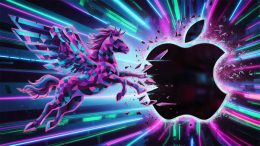 the apple logo being attacked by a pegasus, abstract style, not realistic. background is cyber