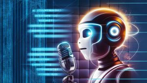 A vibrant and eye-catching poster featuring an AI chatbot in a futuristic setting. The chatbot, with a sleek design and glowing light effects, is speaking into a microphone. The background consists of a digital matrix pattern, with lines of code and abstract geometric shapes. The poster's overall aesthetic captures the essence of cutting-edge technology and innovation, with a touch of cyberpunk vibes., poster