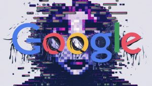 A visually striking poster featuring the Google Search logo, with the iconic multicolor letters seemingly melting and distorting. In the background, an abstract, glitchy face emerges, made up of pixelated blocks and vibrant colors. The overall effect is a blend of digital chaos and technological innovation, evoking a sense of futuristic dystopia., poster