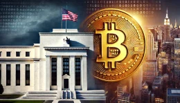 Split screen showing Federal Reserve building and Bitcoin symbol, representing economic policy impact on crypto markets