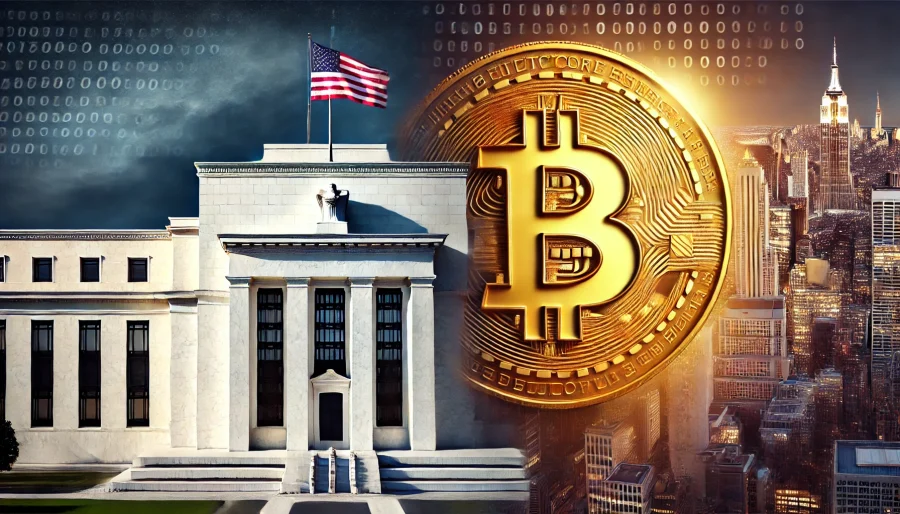 Split screen showing Federal Reserve building and Bitcoin symbol, representing economic policy impact on crypto markets