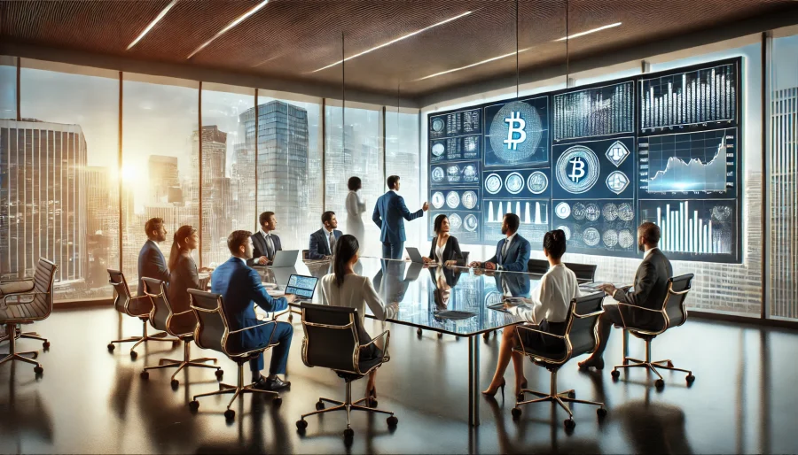 Cryptocurrency exchange board room with diverse members discussing strategy
