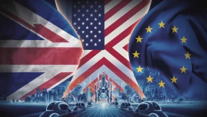 AI image of joint UK, Us, EU oversight on EU / UK, US, EU sign agreement to support competition in AI