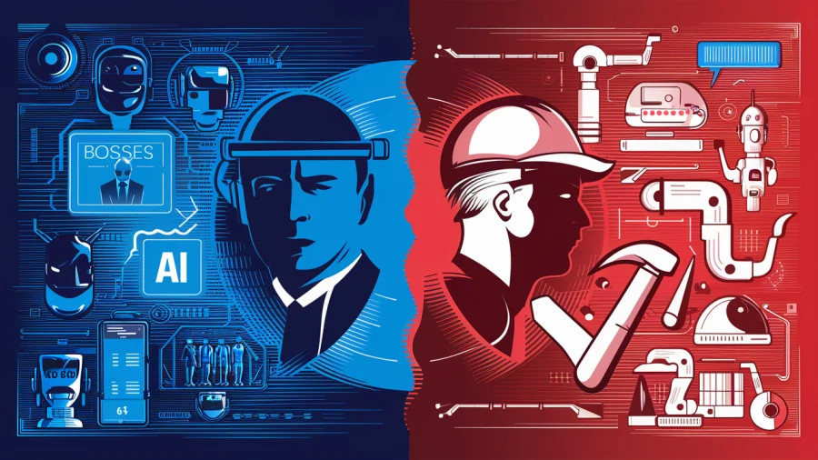 AI image to depict disconnect between bosses and workers on expectations of AI in the workplace.