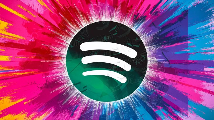 An eye-catching poster featuring the Spotify logo, with its iconic 'S' and 'P' shape made from music notes that radiate outwards. The logo is set against a vibrant, abstract background of bright colors, blending shades of pink, purple, and blue. The overall design gives off an energetic and lively vibe, representing the world of music and the unlimited possibilities it offers., poster