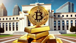 A golden Bitcoin coin balancing on top of a stack of gold bars, with the Federal Reserve building in the background