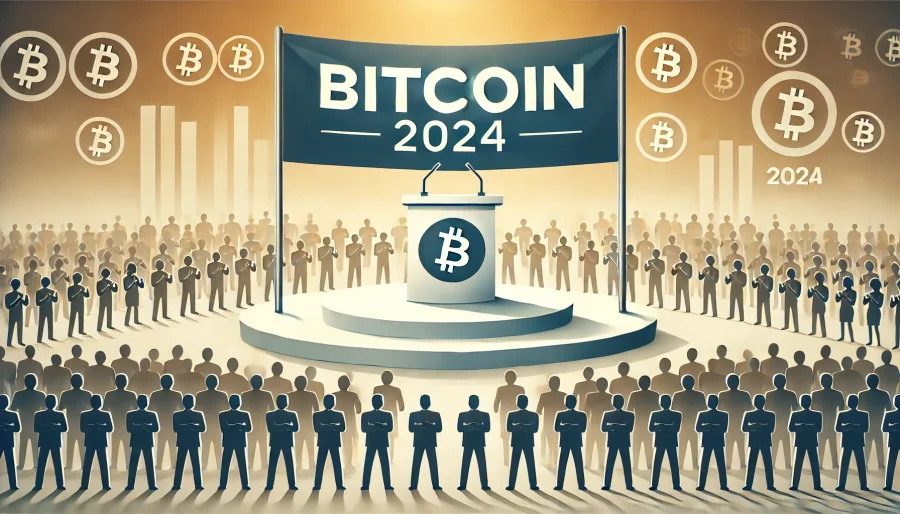 Podium with "Bitcoin 2024" banner, crowd of silhouettes in background