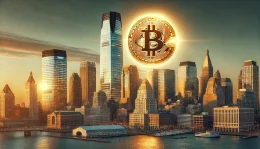 Cityscape of Jersey City with a giant Bitcoin logo rising over the skyline