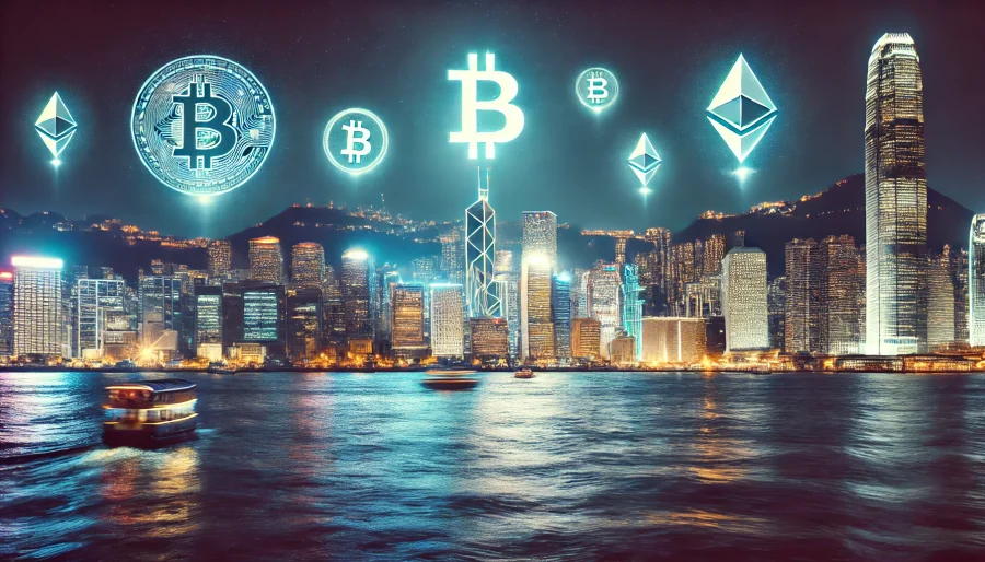 Hong Kong skyline with financial district buildings and cryptocurrency symbols floating above