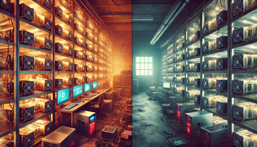 Split-screen image: bustling Bitcoin mining farm vs. a shut down facility with powered down rigs