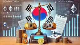 A digital scale balancing cryptocurrency tokens and legal documents, symbolizing South Korea's regulatory review