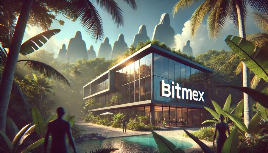 BitMEX headquarters in Seychelles, shadowy figures in background