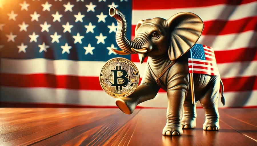 Republican elephant symbol holding a Bitcoin, American flag background