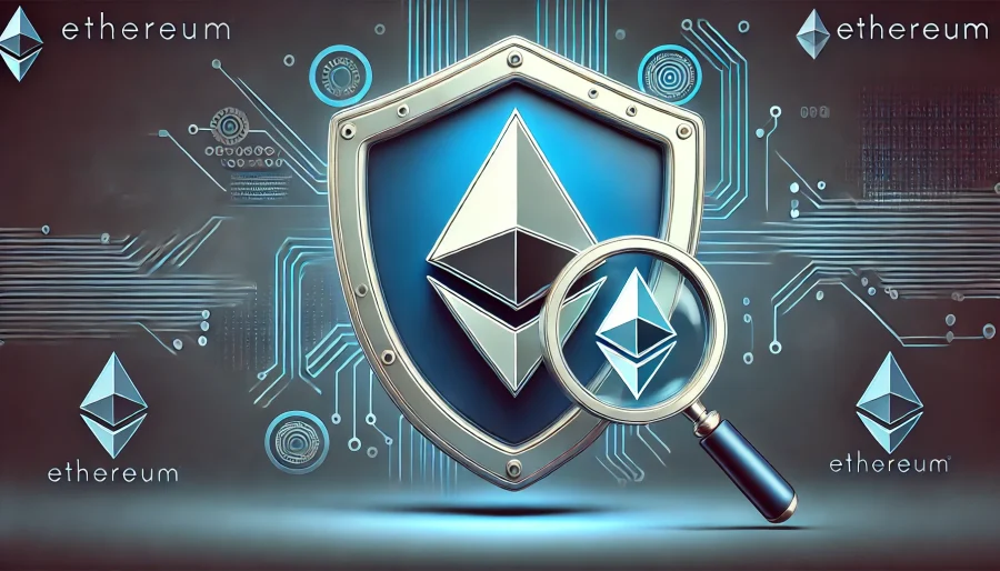 Ethereum logo with a shield and magnifying glass, representing security audit