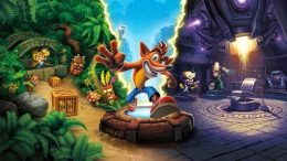 Key art featuring Crash Bandicoot in front of three different levels from the game.