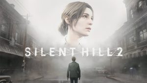 key art for the silent hill 2 remake featuring james sunderland walking through a foggy town and his wife's face floating above him in the sky