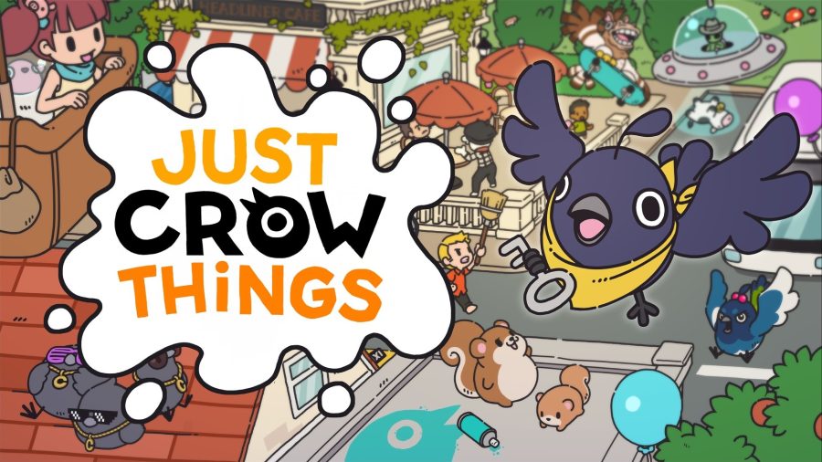 Key art for Just Crow Things featuring the game's logo on the left of the screen and a close up of the protagonist flying away with a key in her claws to the left. in the background is a townscape