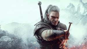 Geralt from the witcher 3 is framed on a snowy background, he is drawing a sword
