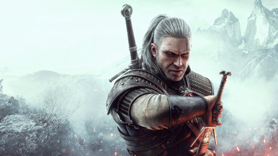 Geralt from the witcher 3 is framed on a snowy background, he is drawing a sword