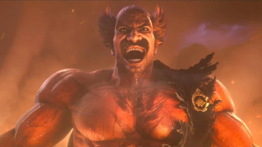 Heihachi, grinning maniacally in a volcano.