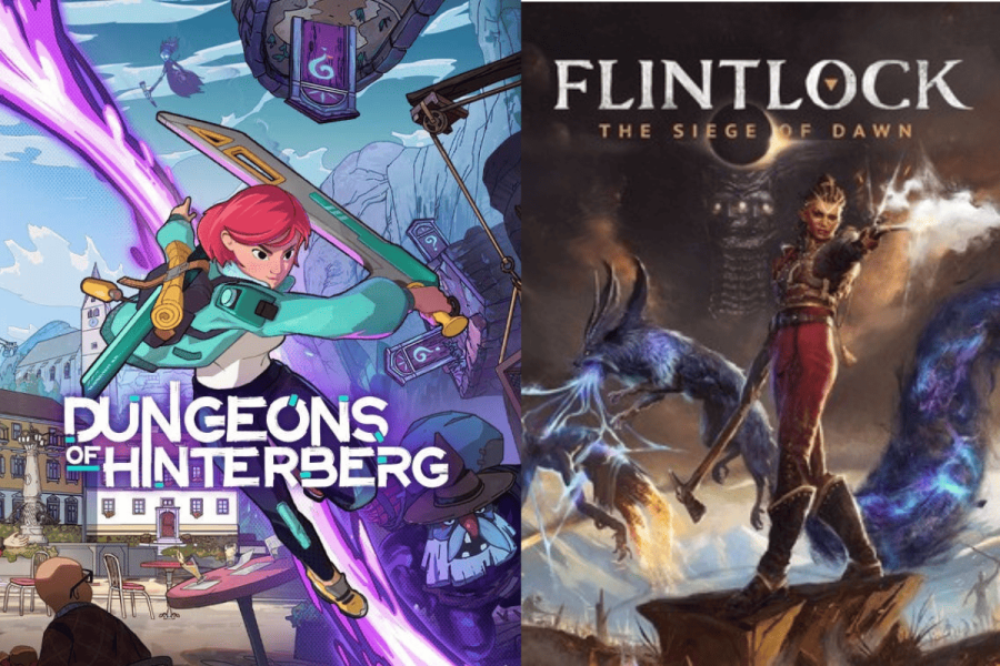 Key art from Dungeons of Hinterberg on the left and Flintlock: The Siege of Dawn on the right