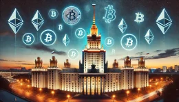 Russian Parliament building at dusk, cryptocurrency symbols floating above