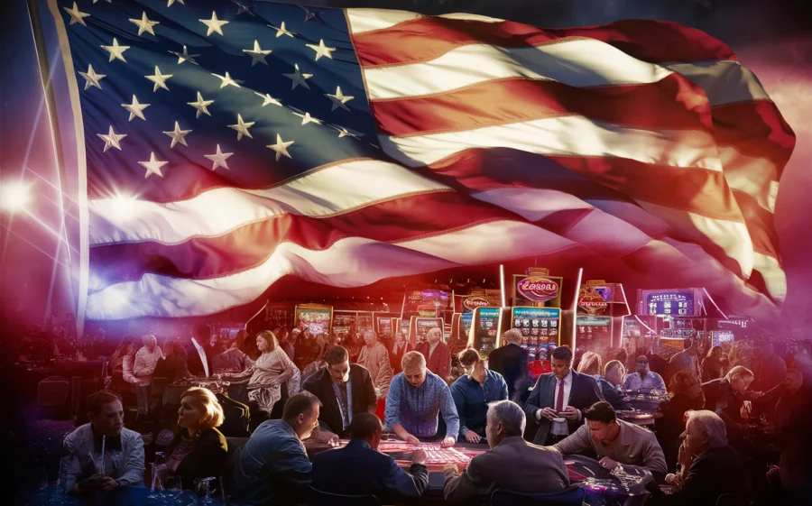 A dramatic scene featuring an American flag fluttering in the wind, with a bustling Las Vegas-style casino in the background. The flag is illuminated by the bright lights of the casino, casting a patriotic glow on the surrounding area. A large group of people are seen gambling, while others are enjoying drinks and conversations. The overall atmosphere is lively and energetic, with a sense of excitement and anticipation., cinematic
