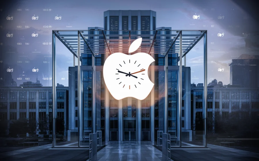A futuristic shot of Apple headquarters with a large, glowing digital timer displayed on the iconic main building. The building itself is made of glass and steel, with a sleek, minimalistic design. The timer, counting down from an hour, is displayed prominently in the center. The background shows a bustling city with numerous Apple logos scattered across the skyline, emphasizing the company's impact on the urban landscape.